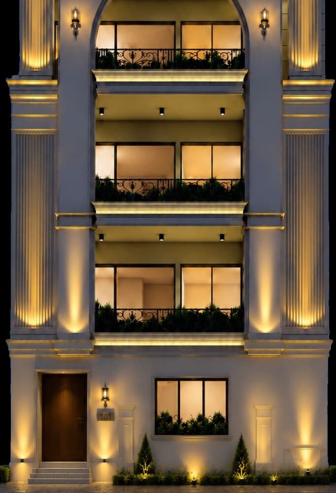 The Townhouse luxury residence facade at night